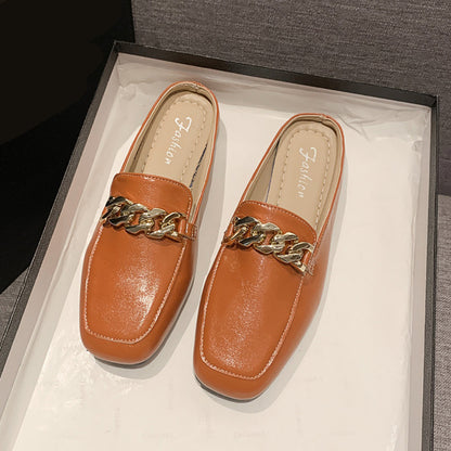 PU Leather Square Toe Flat Loafers Caramel