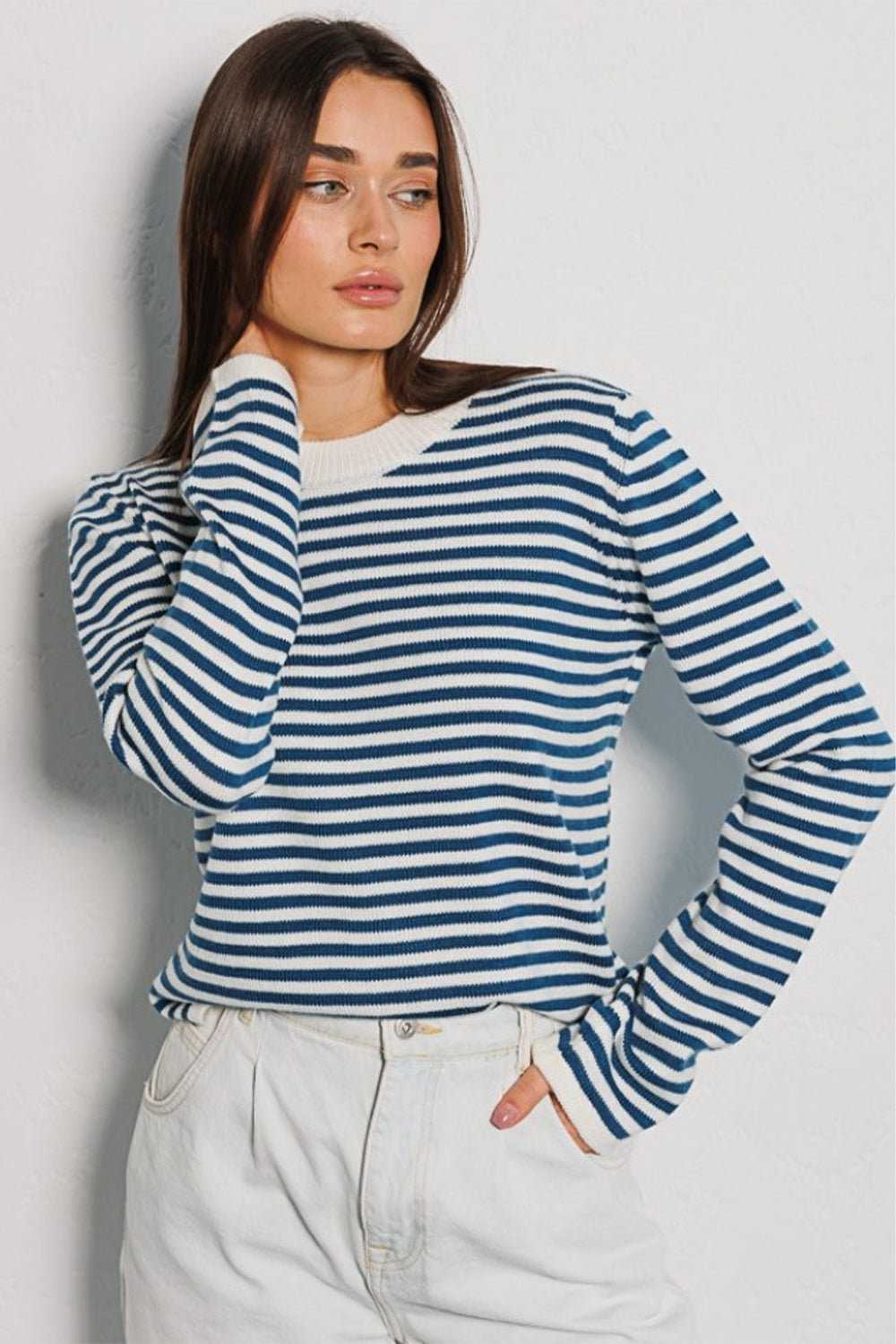 Striped Round Neck Long Sleeve Sweater Peacock Blue