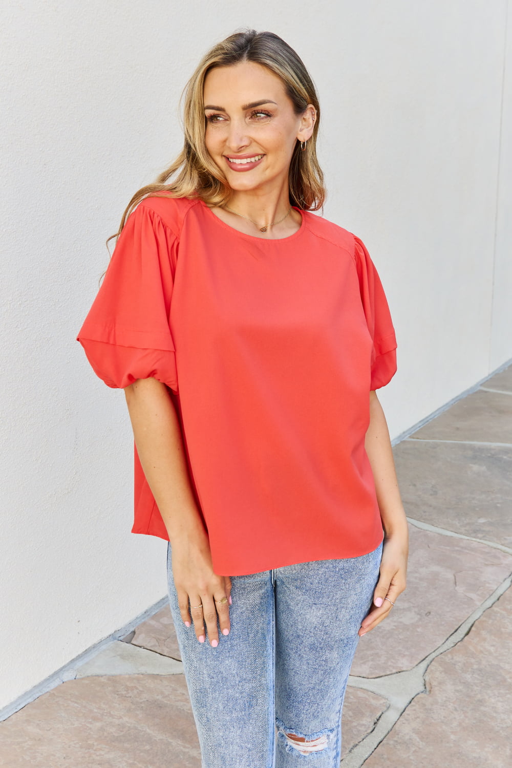 Petal Dew Sweet Innocence Full Size Puff Short Sleeve Top In Tomato Orange-Red