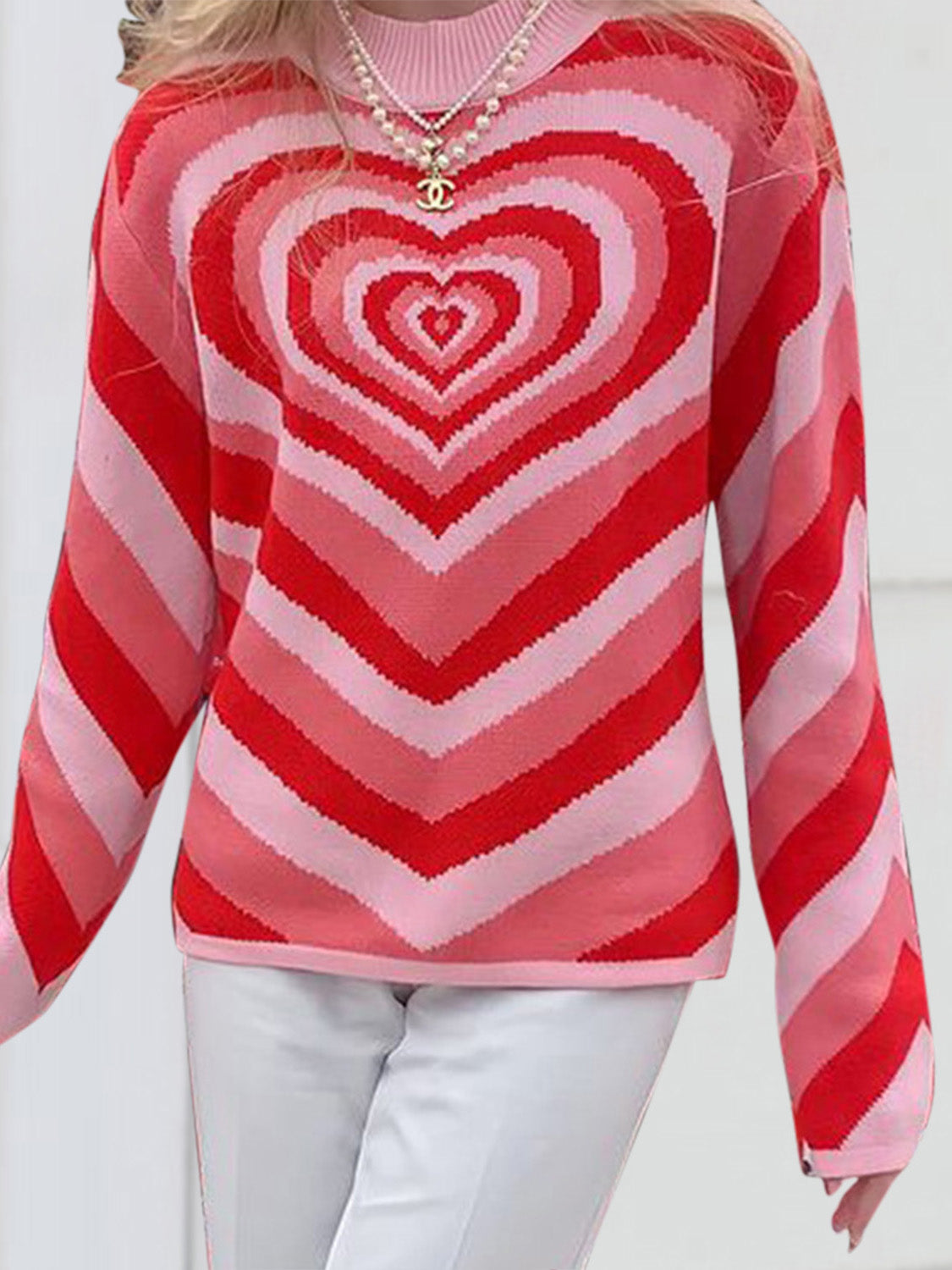 Heart Mock Neck Long Sleeve Sweater Pink