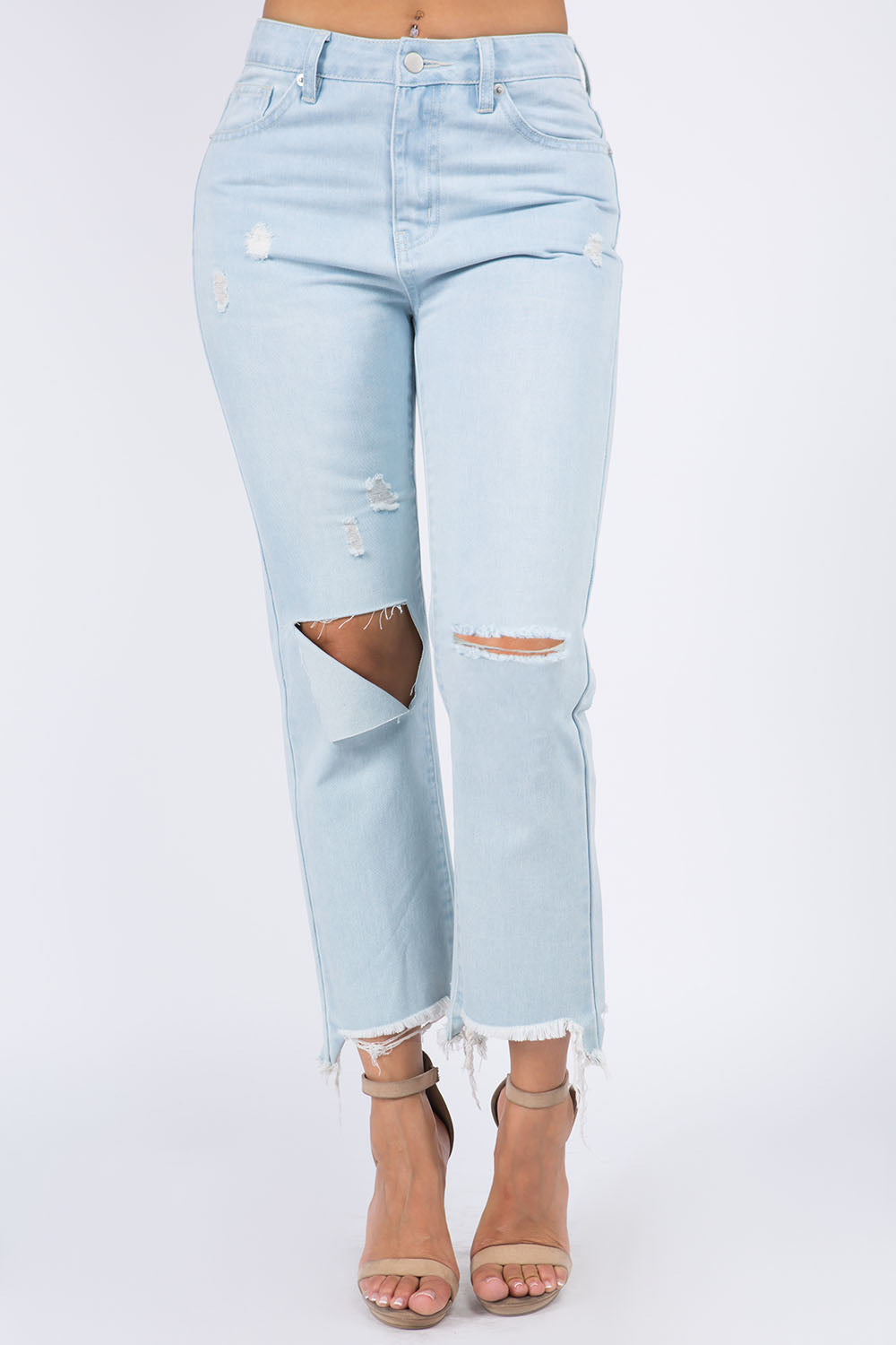 American Bazi High Waist Distressed Raw Hem Jeans Lt.Blue