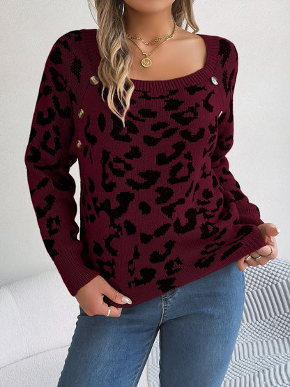 Leopard Buttoned Square Neck Sweater Wine