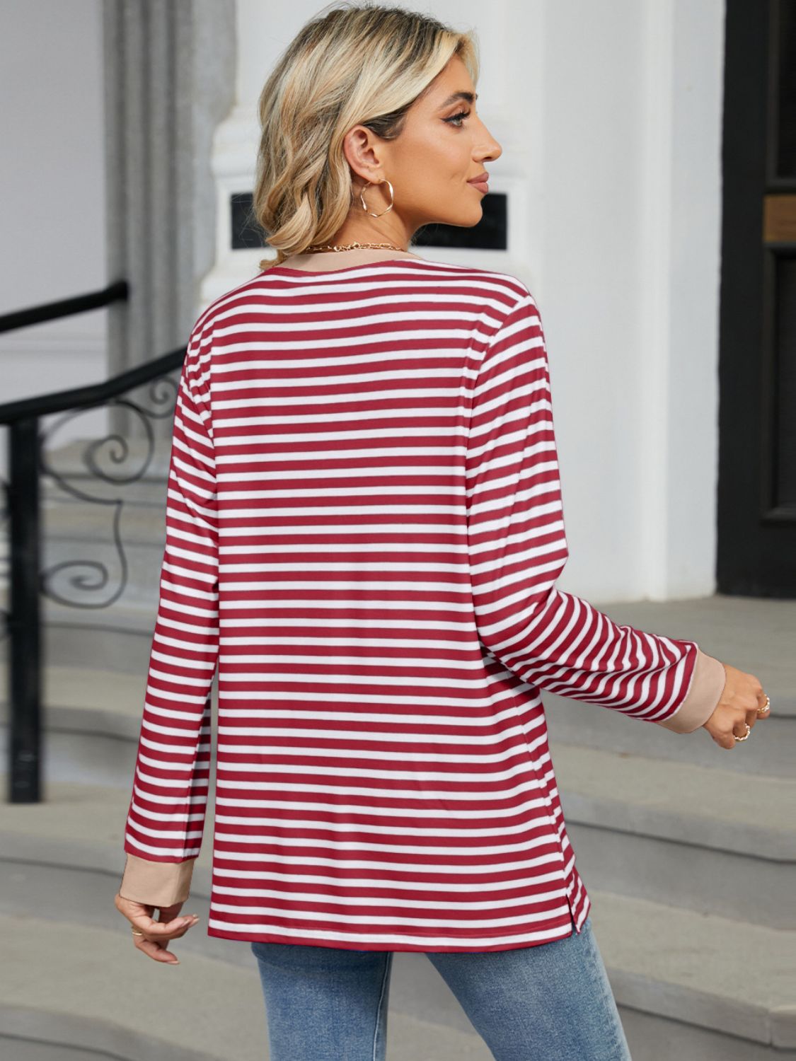 Pocketed Striped Round Neck Long Sleeve T-Shirt