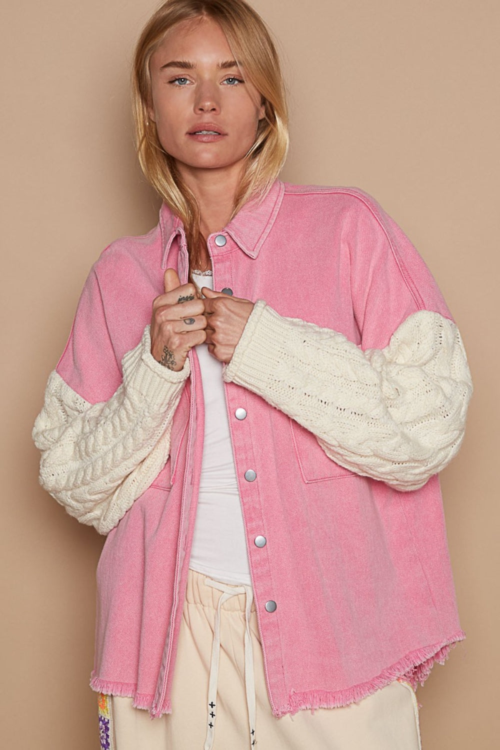 POL Contrast Sweater Sleeve Button Down Shacket Punch Pink Ivory