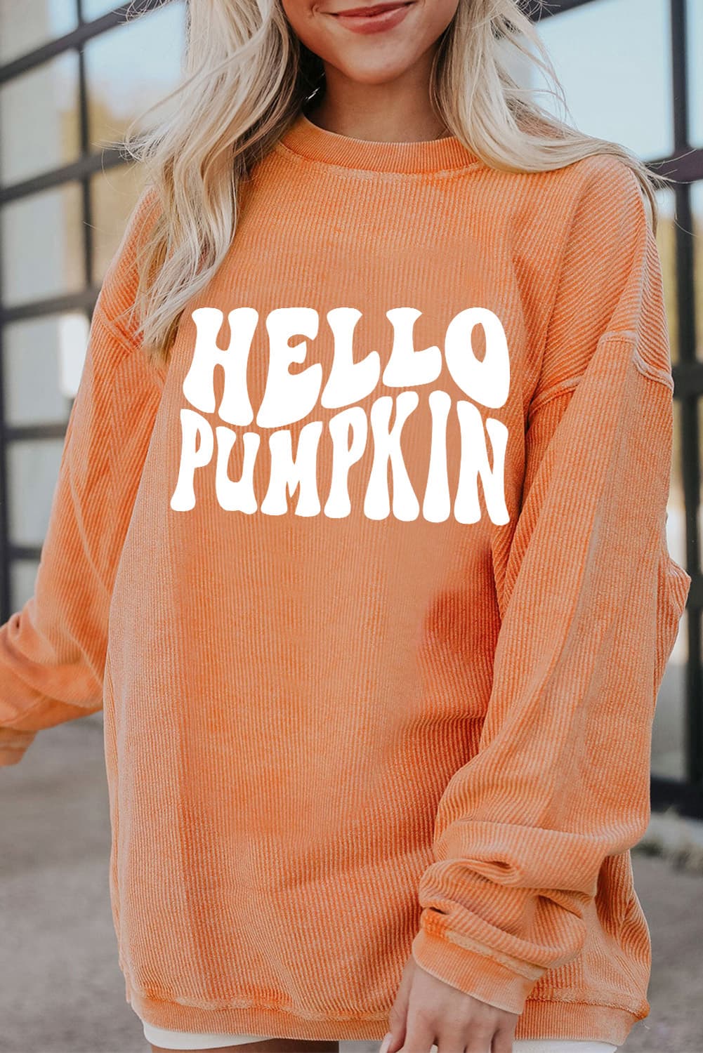 Round Neck Dropped Shoulder HELLO PUMPKIN Graphic Sweatshirt Caramel