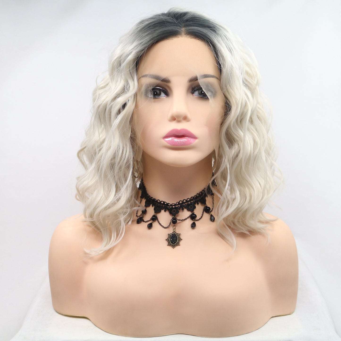 13*3" Lace Front Wigs Synthetic Mid-length Wavy 12" 130% Density Black White One Size