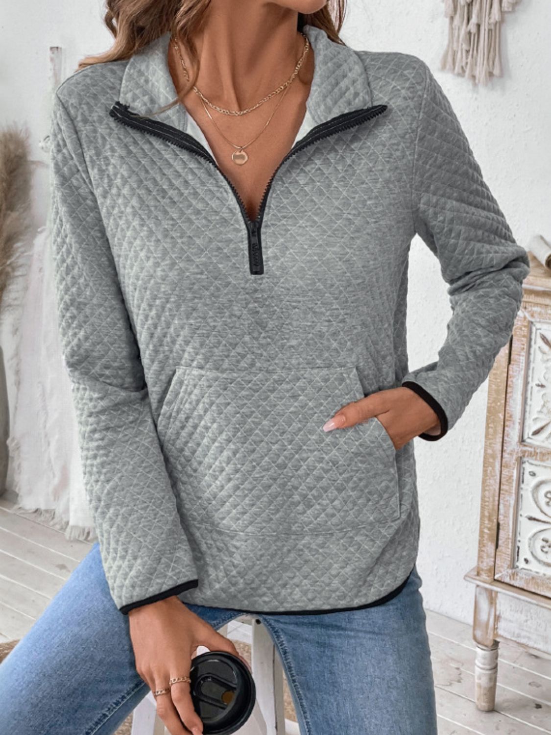 Perfee Texture Half Zip Long Sleeve Sweatshirt Gray