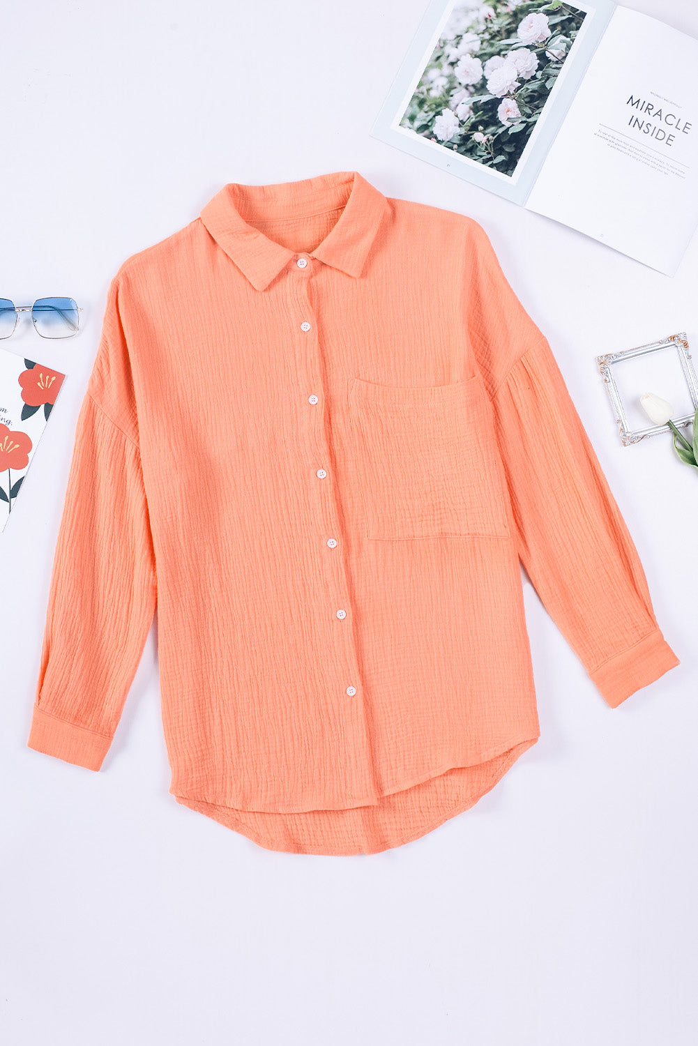 Textured Drop Shoulder Longline Shirt Coral