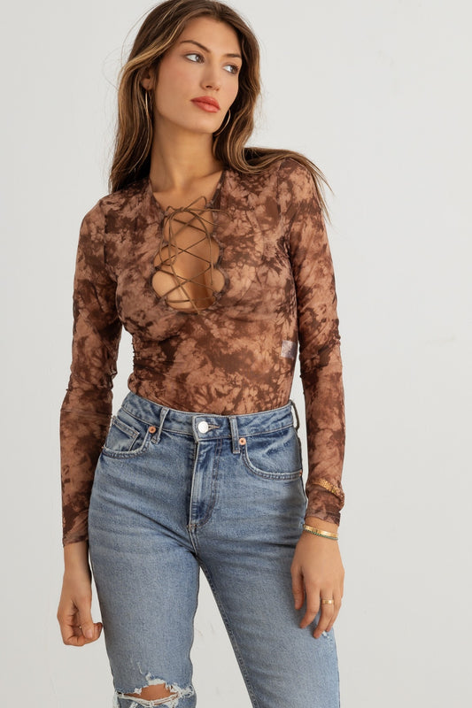 HERA COLLECTION Abstract Mesh Lace-Up Long Sleeve Bodysuit Mocha Taupe