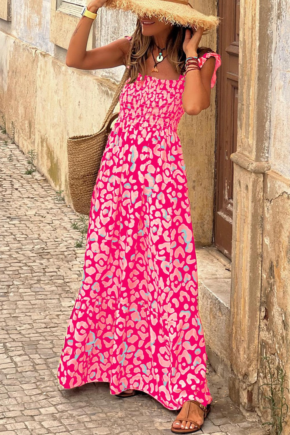 Ruffled Printed Wide Strap Dress Hot Pink