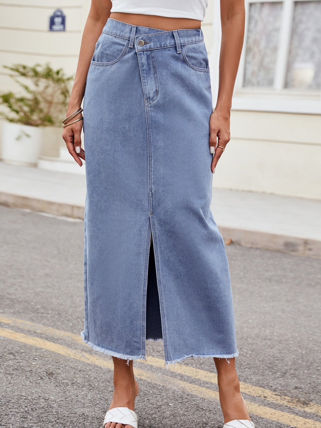 Slit Asymmetrical Waist Denim Skirt Light