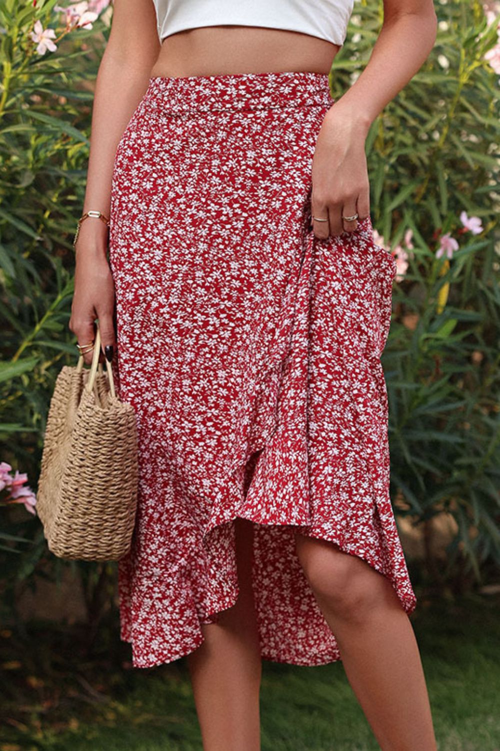 Ditsy Floral Asymmetrical Ruffled Skirt Red