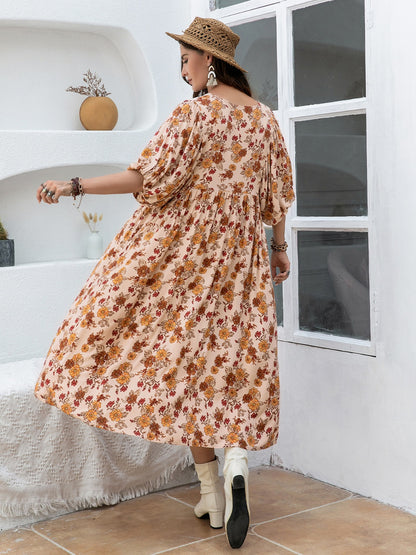 Plus Size Printed Tie Neck Half Sleeve Midi Dress