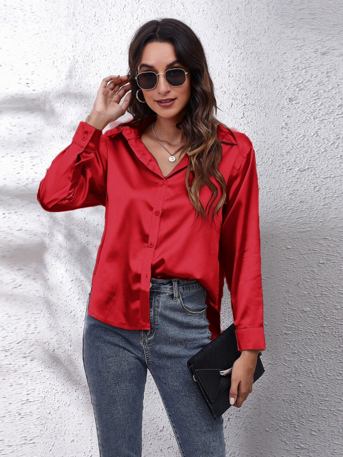 Collared Neck Buttoned Long Sleeve Shirt Deep Red