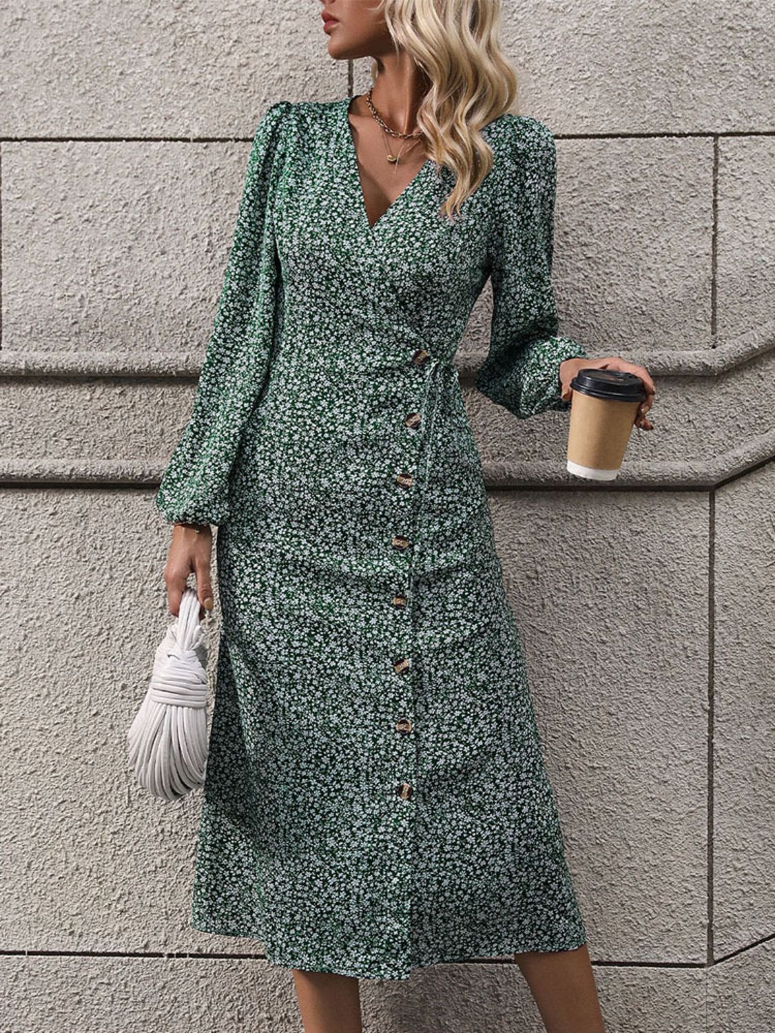 Printed Surplice Long Sleeve Midi Dress - Thandynie