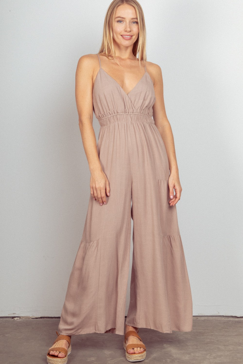 VERY J Sleeveless Ruched Wide Leg Jumpsuit Natural