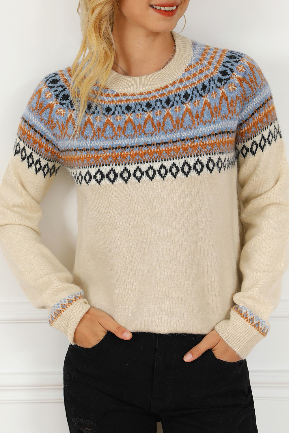 Geometric Round Neck Long Sleeve Sweater