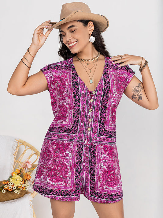 Plus Size Printed V-Neck Cap Sleeve Romper Heliotrope Purple