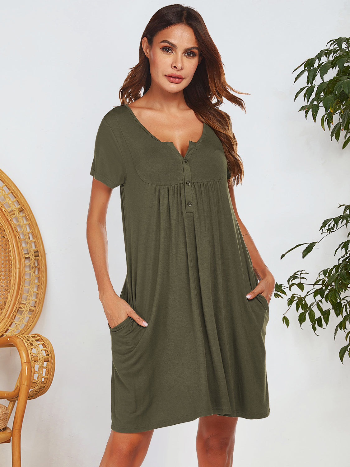 Notched Short Sleeve Mini Lounge Dress Army Green