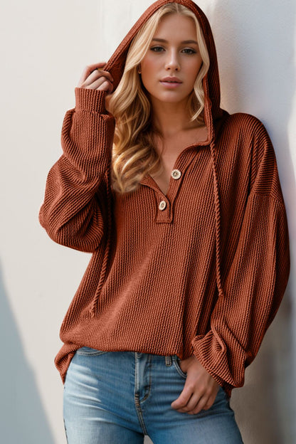 Double Take Full Size Half Button Long Sleeve Hoodie Caramel