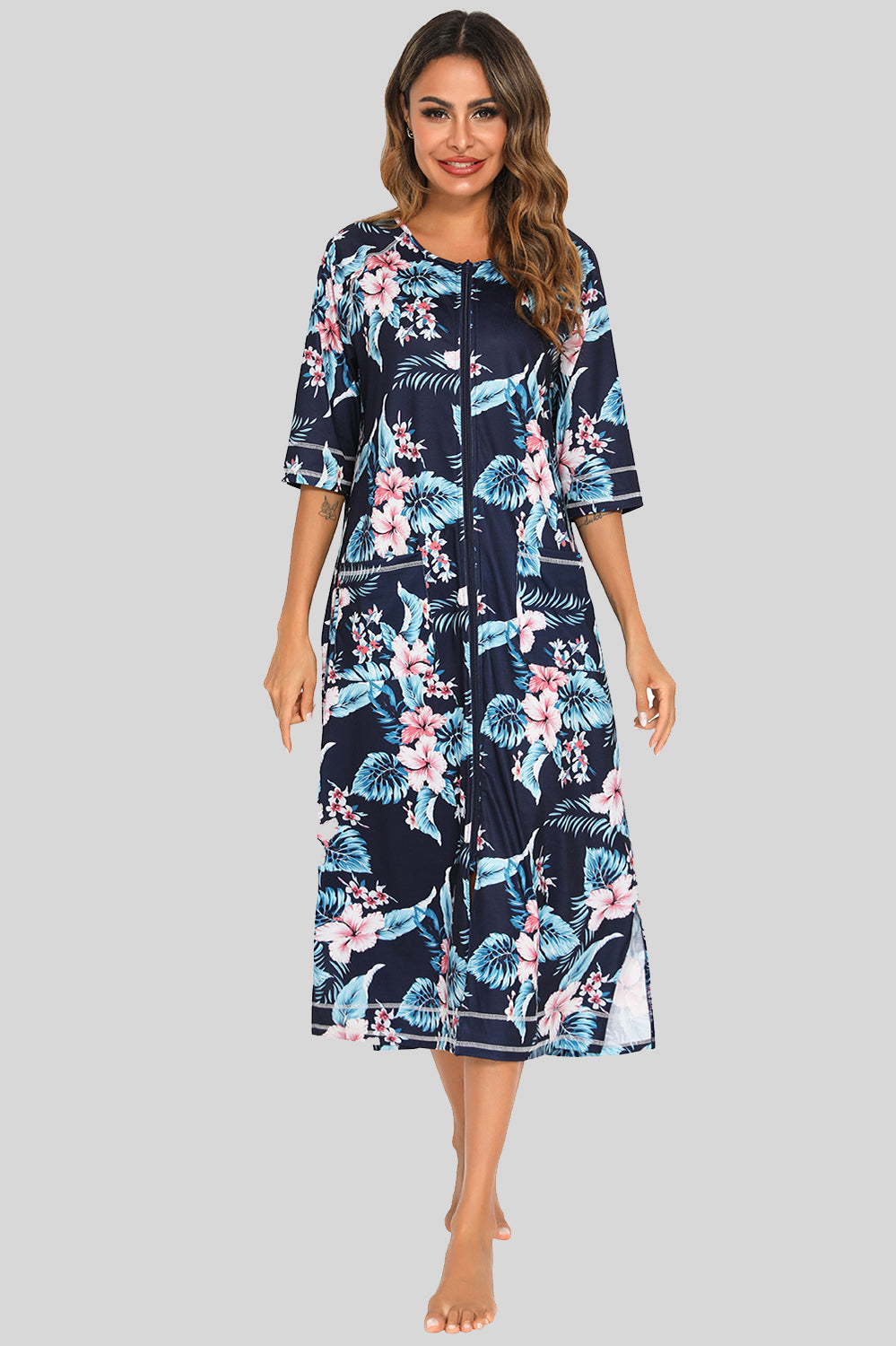 Printed Slit Night Dress with Pockets Dark Navy