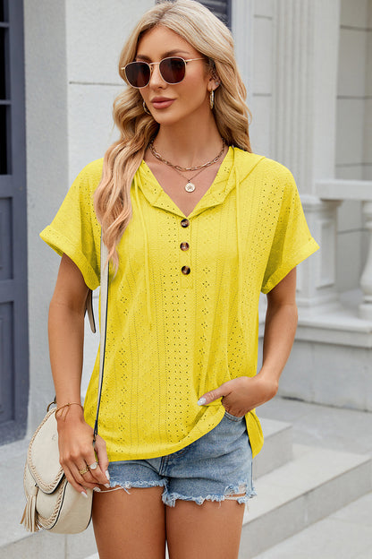 Eyelet Drawstring Hooded Short Sleeve Blouse Yellow