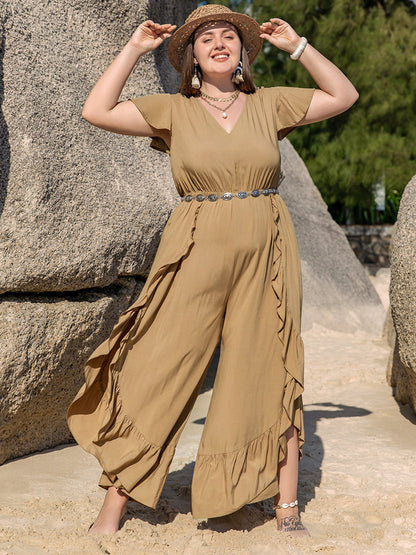 Plus Size Slit Ruffled V-Neck Jumpsuit Camel