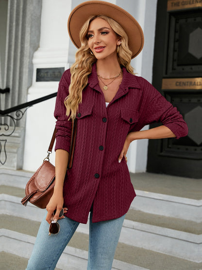 Textured Button Up Dropped Shoulder Shirt Burgundy