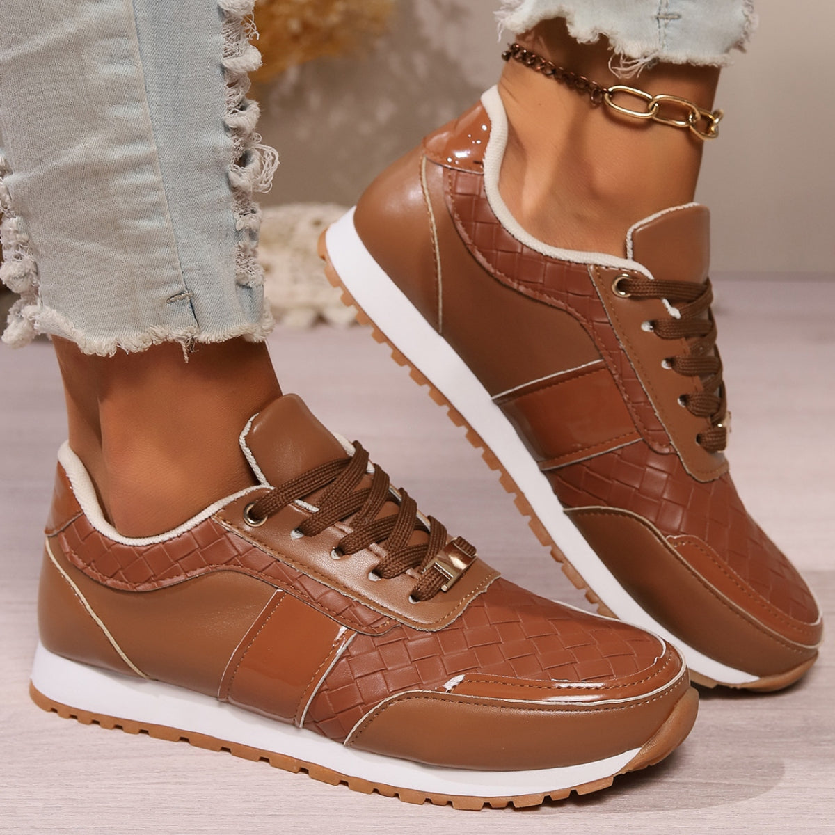 Lace-Up PU Leather Sneakers - Thandynie