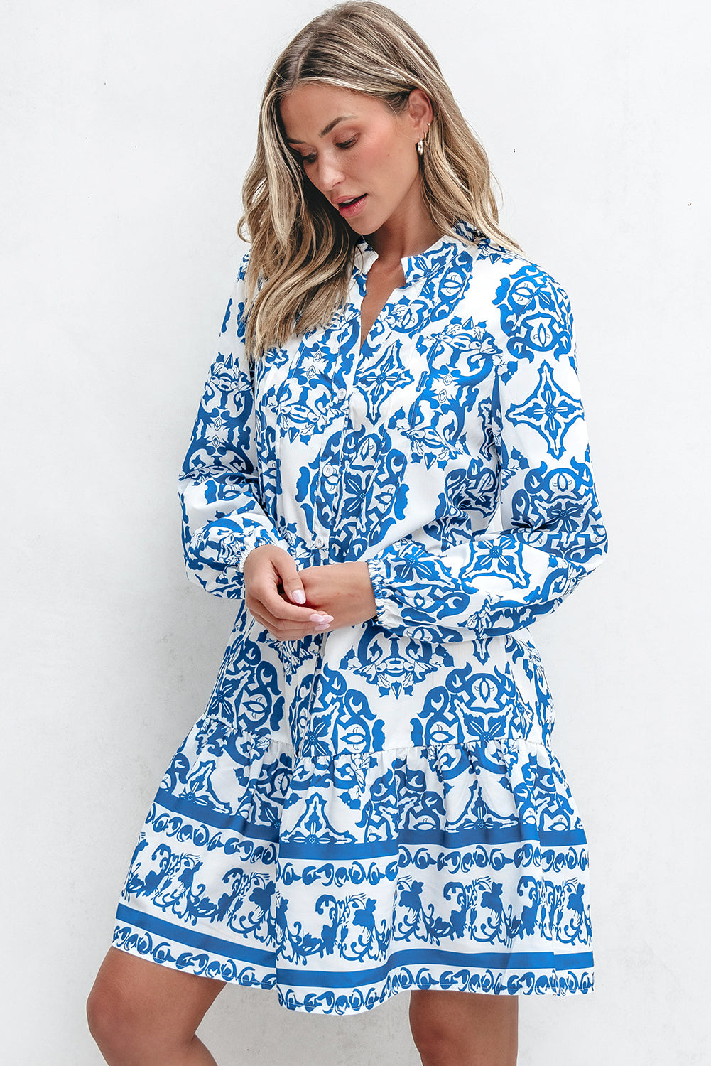 Sky Blue Tribal Print Button Up Notch Neck Loose Mini Dress