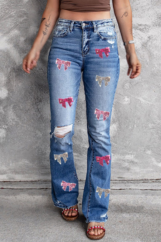 Sequin Bow Distressed Bootcut Jeans - Thandynie