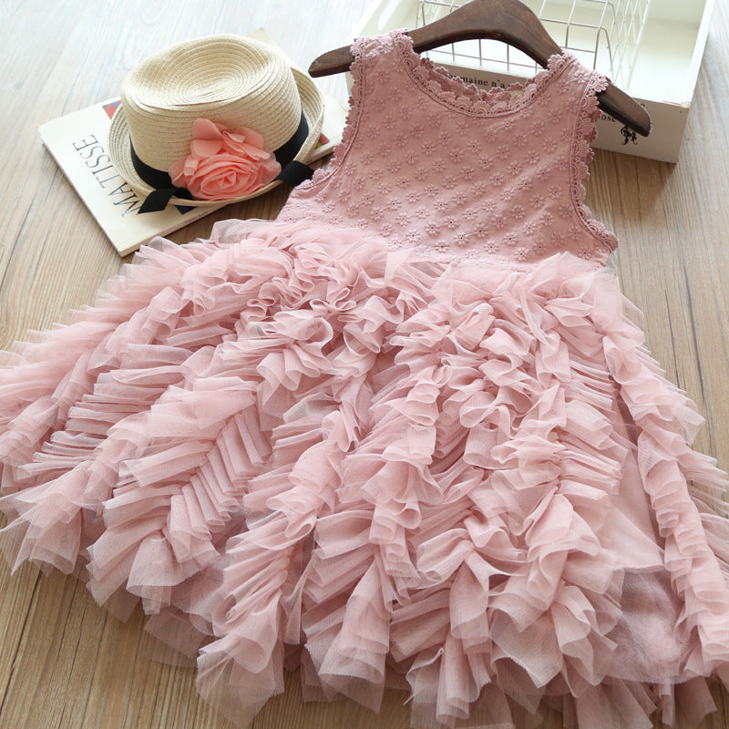 Dress Sleeveless Girl Summer Dress Puff Dress Pink