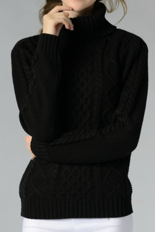 Cable-Knit Turtleneck Long Sleeve Sweater Black