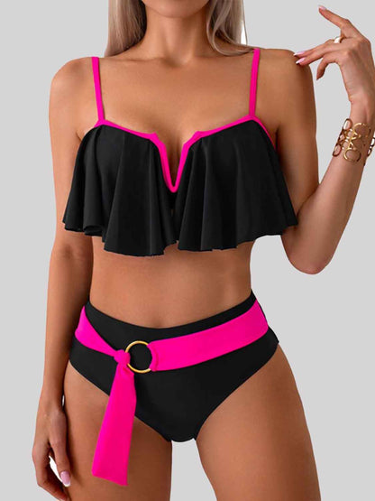 Spaghetti Strap Notched Bikini Set Black