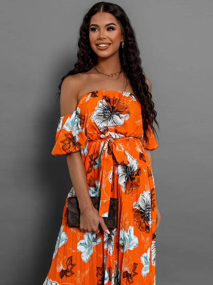 Pleated Floral Off-Shoulder Short Sleeve Midi Dress Orange