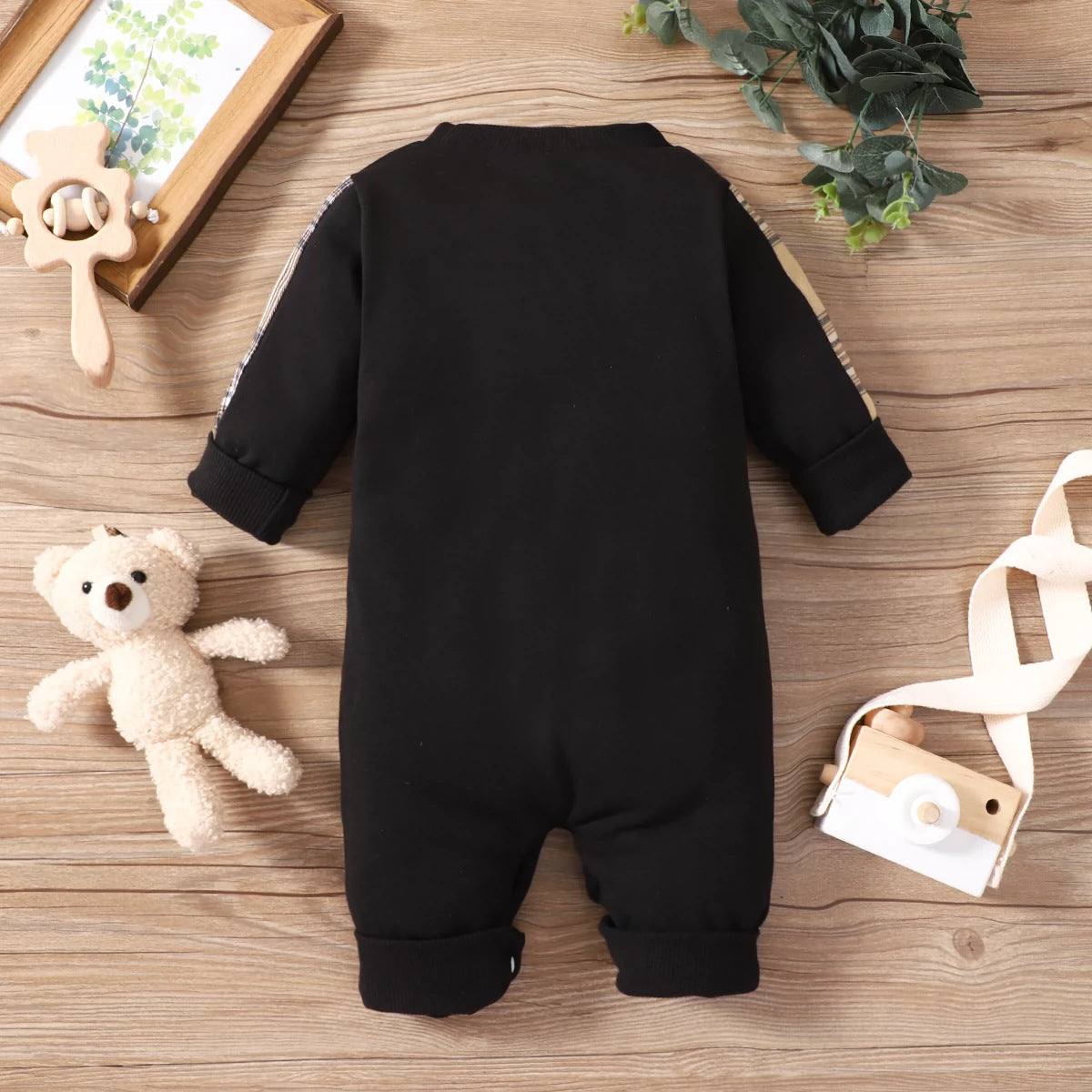 Plaid Patch Bear Long Sleeve Adjustable Overalls