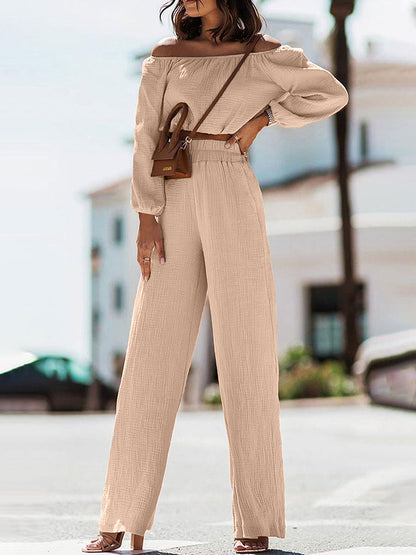 Off Shoulder Long Sleeve Top and Pants Set Tan