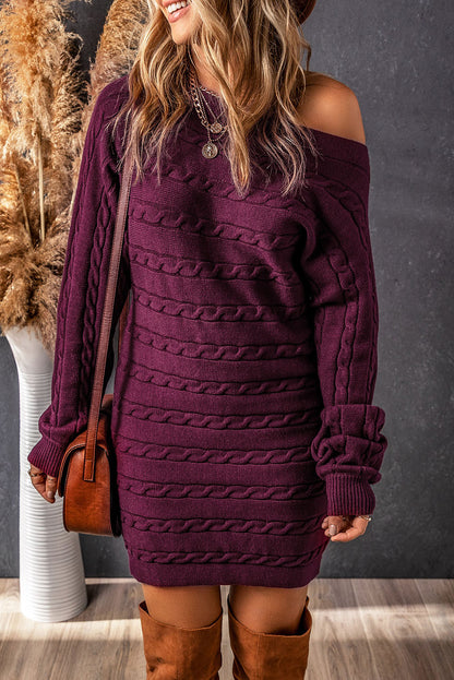 Cable-Knit Boat Neck Sweater Dress Magenta