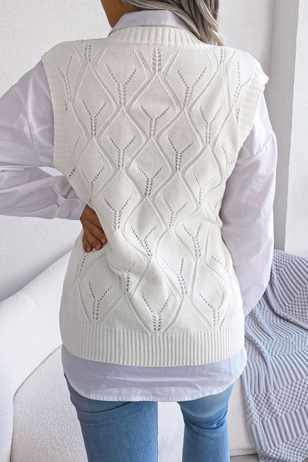 Openwork Ribbed Trim Sweater Vest