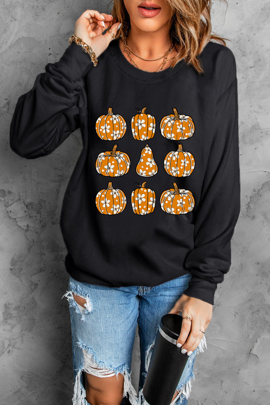 Pumpkin Round Neck Long Sleeve Sweatshirt Black