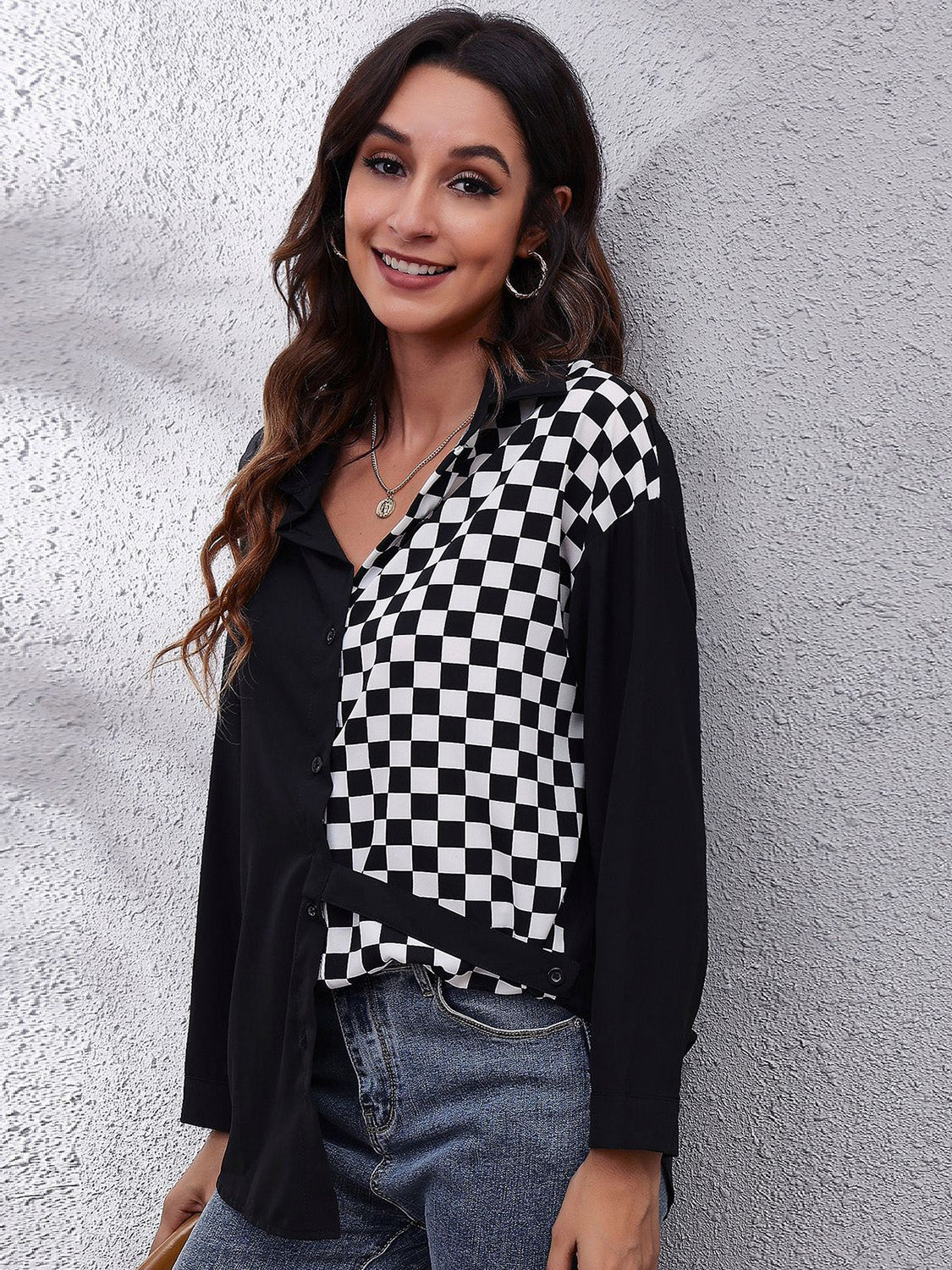 Printed Collared Neck Long Sleeve Shirt Black White