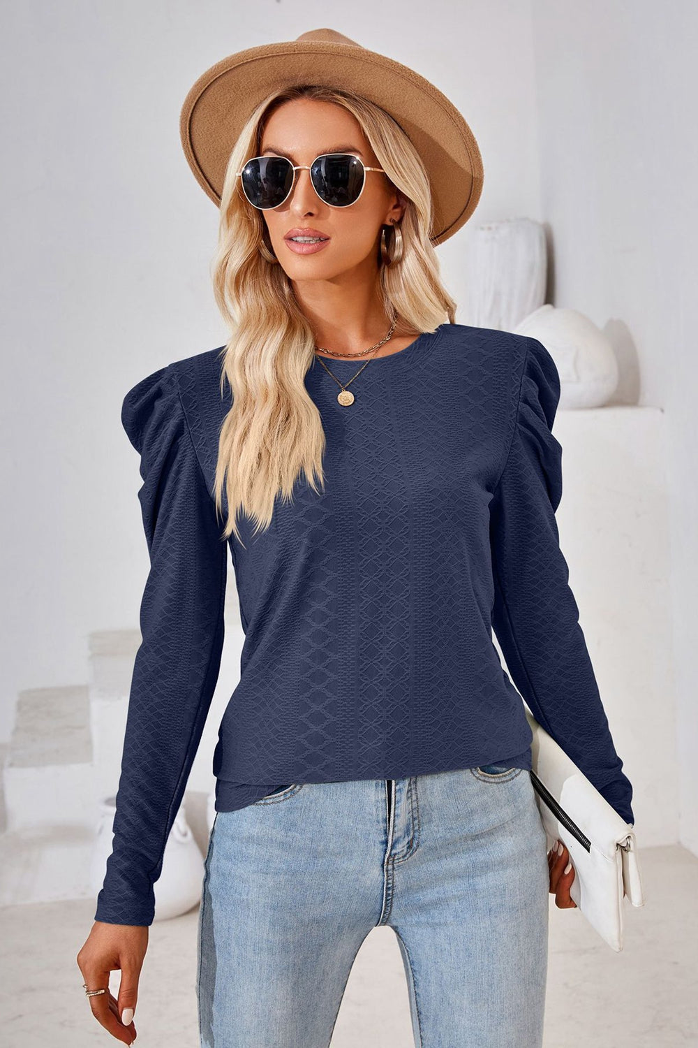 Round Neck Puff Sleeve Blouse Dark Blue