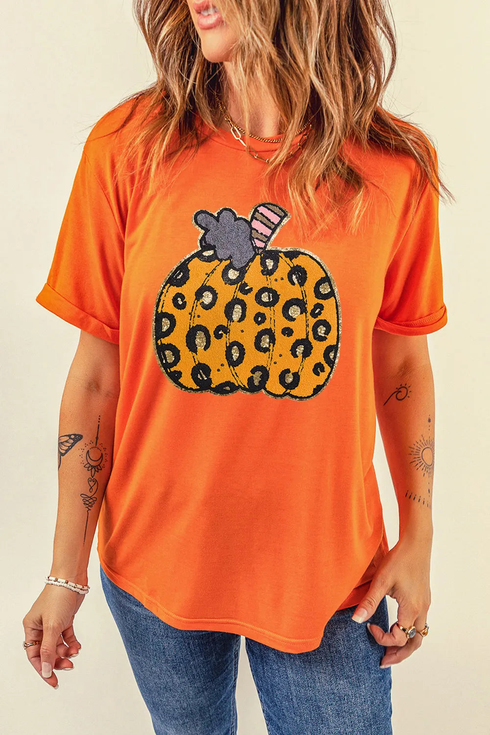 Pumpkin Round Neck Short Sleeve T-Shirt Orange