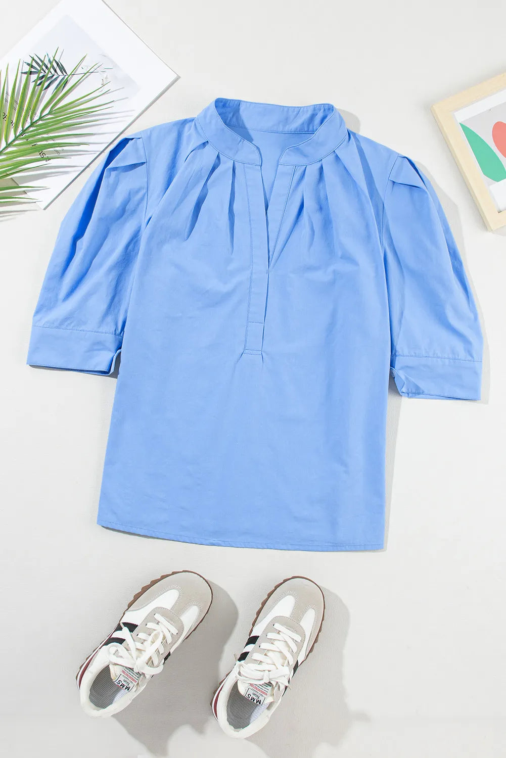 Notched Half Sleeve Blouse Light Blue