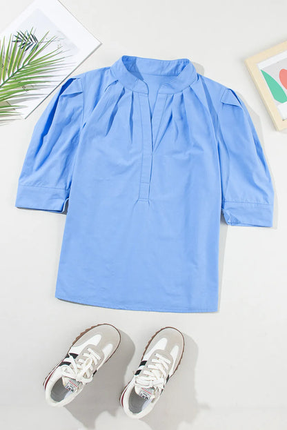 Notched Half Sleeve Blouse Light Blue