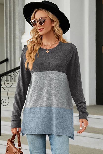 Color Block Round Neck Long Sleeve T-Shirt