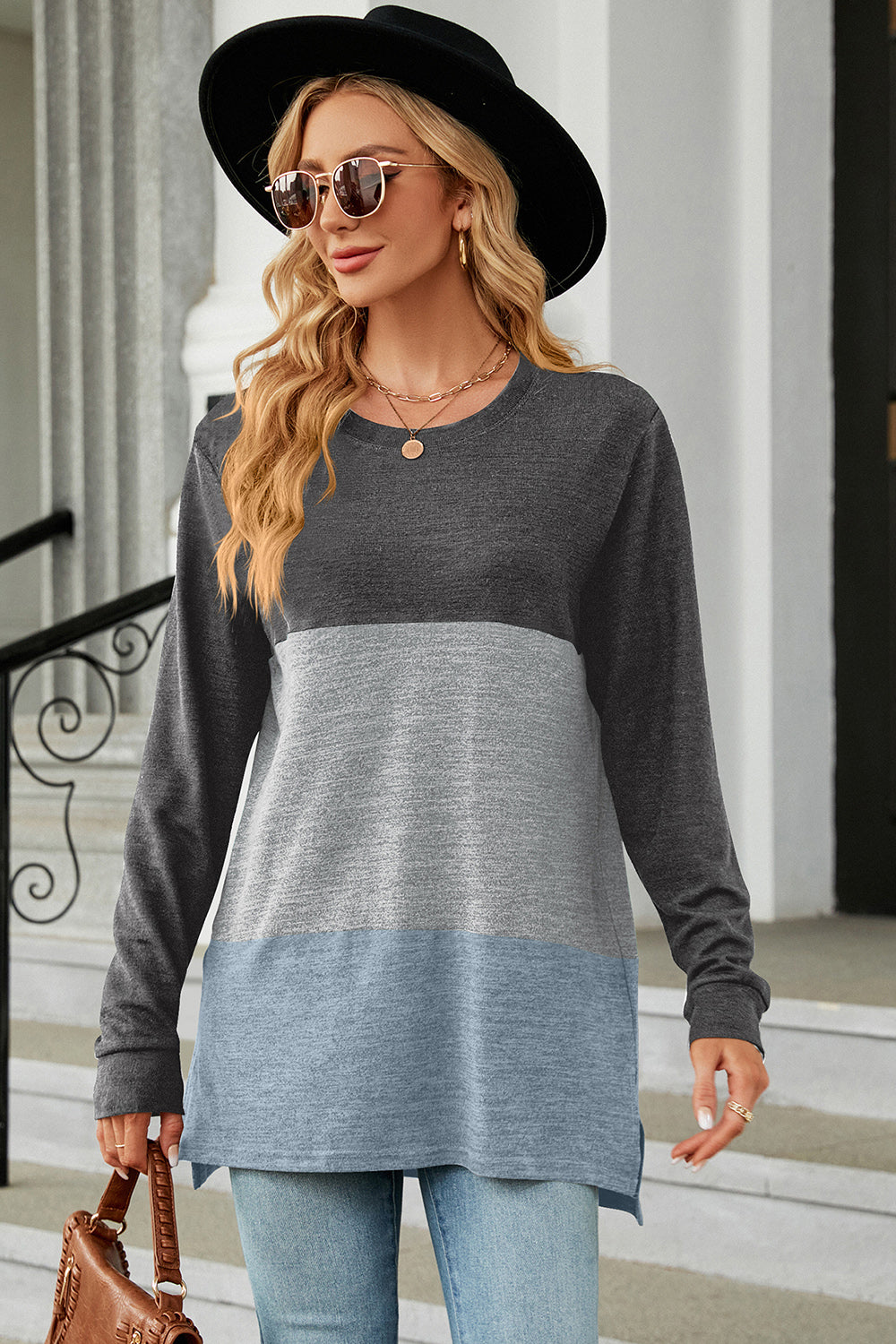 Color Block Round Neck Long Sleeve T-Shirt Cloudy Blue