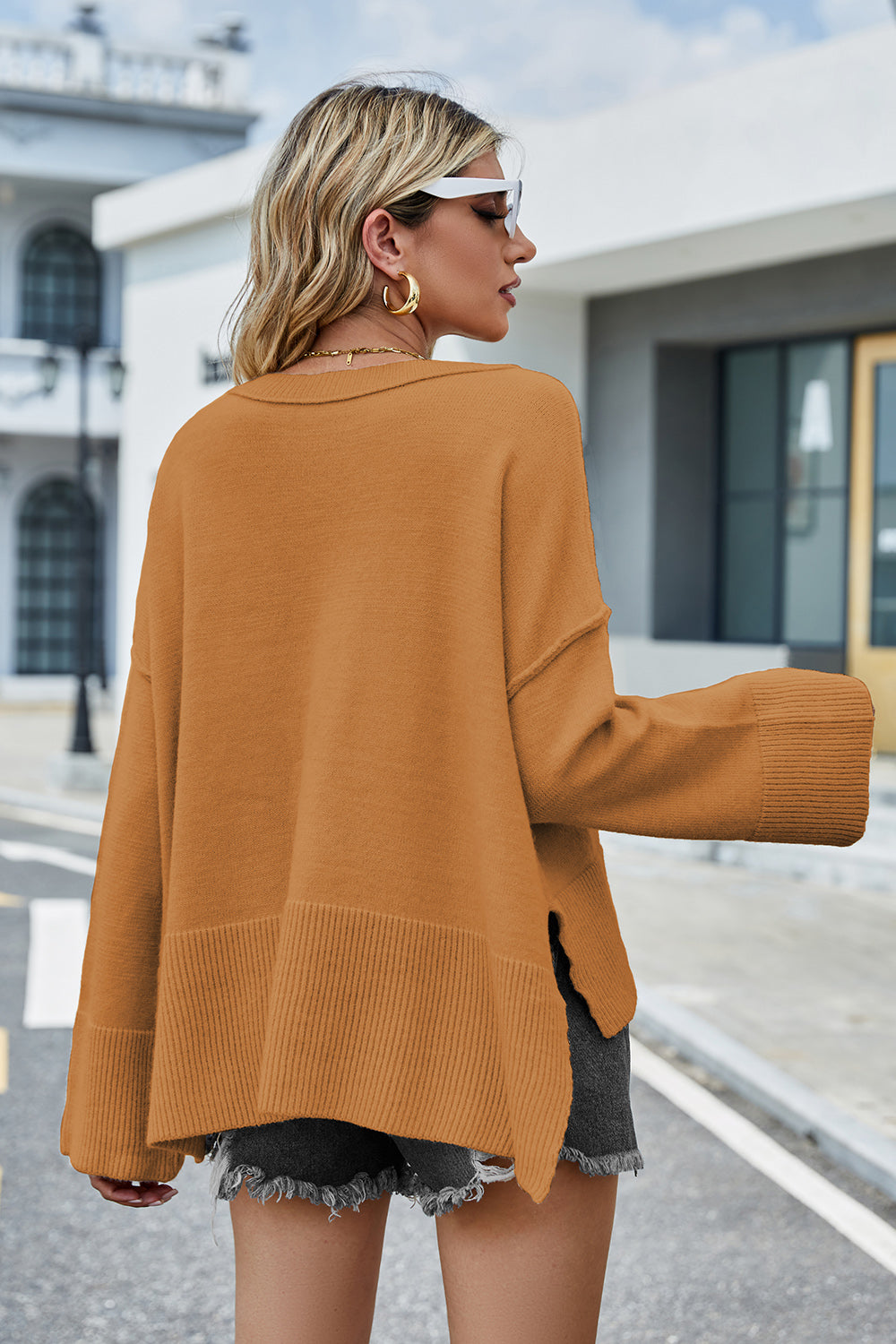 Round Neck Dropped Shoulder Slit Sweater