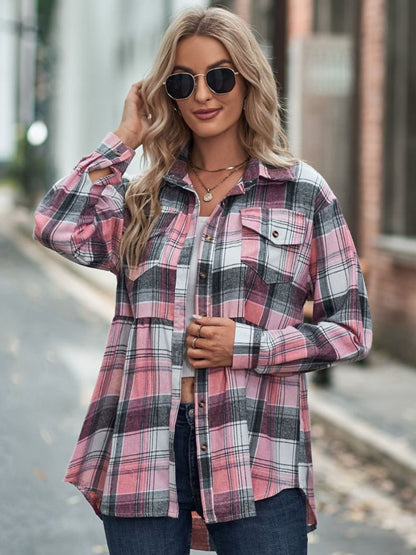 Plaid Button Up Dropped Shoulder Shirt Pink