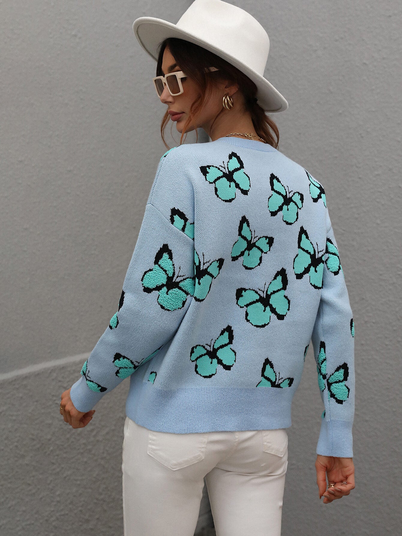 Woven Right Butterfly Dropped Shoulder Crewneck Sweater